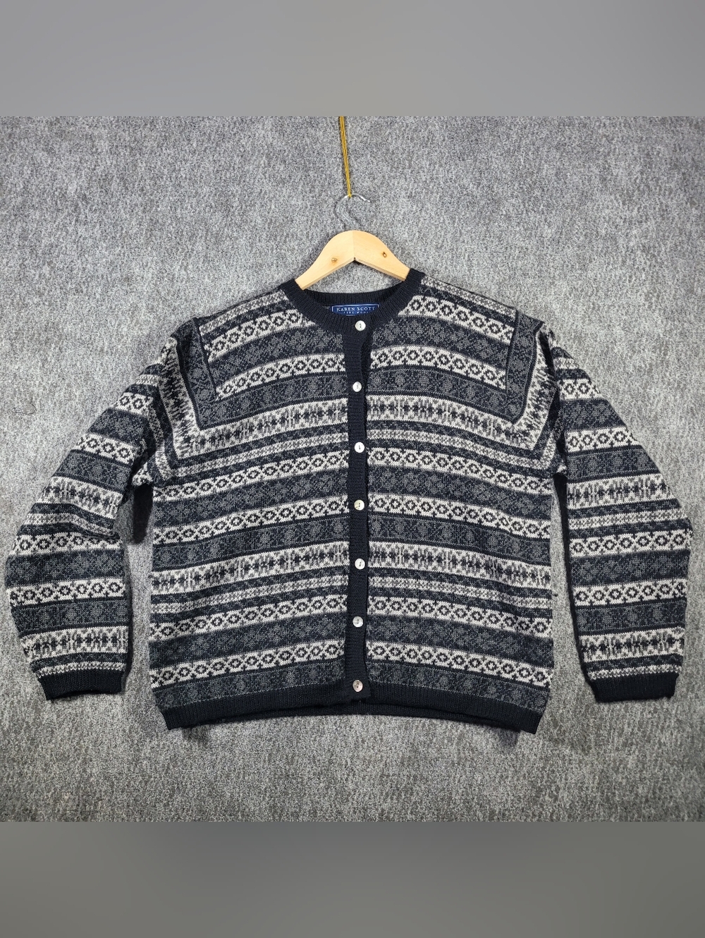 Karen Scott XL Cardigan 100% Pure Wool Fair Isle Button Up Gray Black Geometric